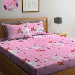 Arrabi Pink & Red Floral 300 TC King Bedsheet with 2 Pillow Covers-17