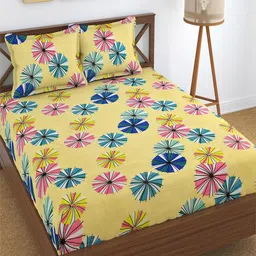 Hammer Home Yellow & Blue Floral 200 TC King Bedsheet with 2 Pillow Covers-31