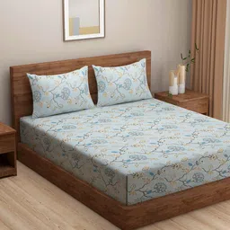 SWAYAM Blue & Tan Floral 150 TC King Bedsheet with 2 Pillow Covers-image-62