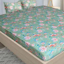 Stylista Green & Pink Printed Cotton 400 TC Fitted King Bedsheet With 2 Pillow Covers-picture-14