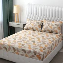 Furnistitchs Cream-Coloured Printed Fitted 300 TC King Bedsheet With 2 Pillow Covers-13