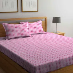 Arrabi Pink Geometric 300 TC King Bedsheet with 2 Pillow Covers-image-56