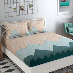 Furnistitchs Green & Beige Printed Fitted 300 TC King Bedsheet With 2 Pillow Covers-image-30