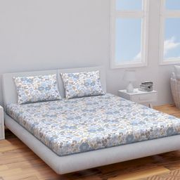 Himeya White & Navy Blue Floral Cotton 120 TC Queen Bedsheet With 2 Pillow Covers-image-34