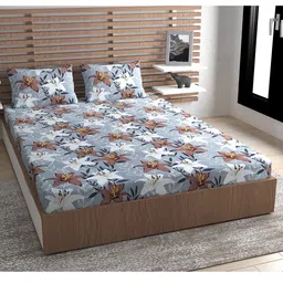 Urban Magic Grey & Brown Floral 130 TC Queen Bedsheet with 2 Pillow Covers-image-7