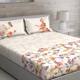 GM Yellow & Pink Floral 150 TC Queen Bedsheet with 2 Pillow Covers-image-54