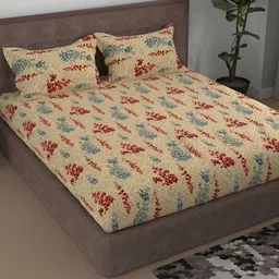 Aura Red & Beige Floral Printed Cotton 180 TC Queen Bedsheet With 2 Pillow Covers-24