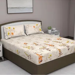 GM Beige & Orange Floral 180 TC Queen Bedsheet with 2 Pillow Covers-19