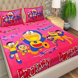 Runjhun Green Cartoon Characters Cotton 180 TC Queen Bedsheet With 2 Pillow Covers-image-80