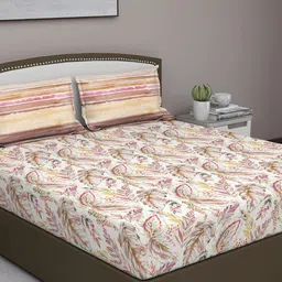 GM Beige & White Floral 180 TC Queen Bedsheet with 2 Pillow Covers-image-66