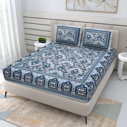 Wayne Martin Navy Blue Floral Pure Cotton 210 TC Queen Bedsheet with 2 Pillow Covers-image-6