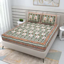 Wayne Martin Sea Green & White Floral Cotton 210 TC Queen Bedsheet With 2 Pillow Covers-picture-14