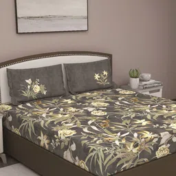 GM Grey & Yellow Floral 210 TC Queen Bedsheet with 2 Pillow Covers-image-93