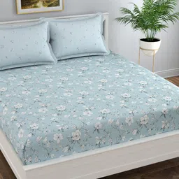 Florida Blue Floral 300 TC Fitted Queen Bedsheet with 2 Pillow Covers-image-18