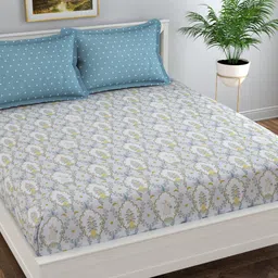 Florida Blue & White Floral Cotton 300 TC Fitted Queen Bedsheet with 2 Pillow Covers-image-30