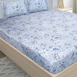 Stylista Blue Floral Cotton 400 TC Queen Fitted Bedsheet with 2 Pillow Covers-image-18