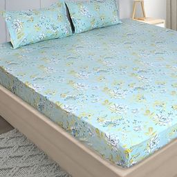 Stylista Blue Floral Cotton 400 TC Queen Fitted Bedsheet with 2 Pillow Covers-picture-37