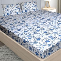 Stylista Blue Floral Cotton 400 TC Fitted Queen Bedsheet with 2 Pillow Covers-image-48