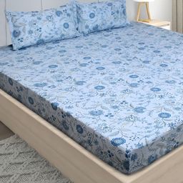 Stylista Blue Floral 400 TC Fitted Queen Bedsheet with 2 Pillow Covers-image-101