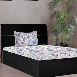Stylista Blue Floral 400 TC Fitted Queen Bedsheet with 2 Pillow Covers-image-100
