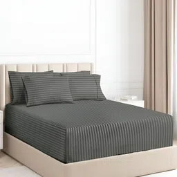 bsb home Grey Striped Microfiber 180 TC Fitted Queen Bedsheet with 2 Pillow Covers-image-34