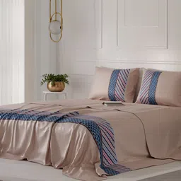 Stoa Paris Beige & Blue Striped 300 TC Queen Bedsheet With 2 Pillow Covers-27