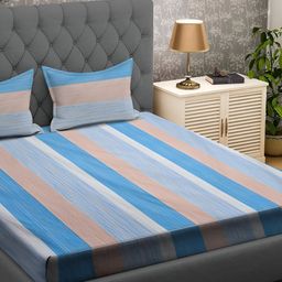 RRC Blue & White Striped 210 TC King Bedsheet with 2 Pillow Covers-image-85