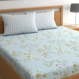 CHHAVI INDIA Blue & White Floral Ultra Soft 210 TC King Bedsheet with 2 Pillow Covers-image-94