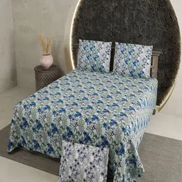 JAIPUR PRIME Green & Blue Floral Pure Cotton 210 TC King Bedsheet With 2 Pillow Covers-image-49
