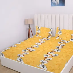 RD TREND Yellow & White Floral Cotton Fitted 210 TC King Bedsheet With 2 Pillow Covers-image-98