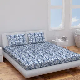 Himeya Navy Blue Ethnic Motifs Cotton 144 TC King Bedsheet with 2 Pillow Covers-picture-14