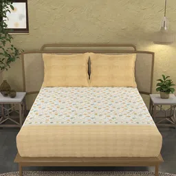 MYTRIDENT Yellow & Green Floral Cotton 144 TC King Bedsheet With 2 Pillow Covers-image-73