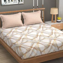Florida Beige & White Geometric Cotton 144 TC King Bedsheet With 2 Pillow Covers-image-80