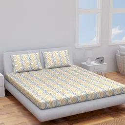 Himeya Yellow & White Geometric Cotton 144 TC King Bedsheet With 2 Pillow Covers-picture-42