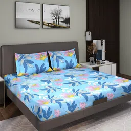 Aura Blue Floral 150 TC Queen Microfiber Bedsheet With 2 Pillow Covers-image-56