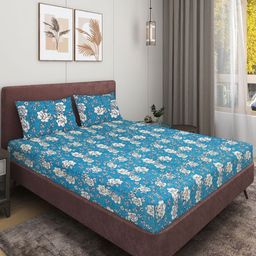 Aura Blue & White Floral Printed Microfiber 144 TC Queen Bedsheet Set 2.29 m x 2.54 m-image-85