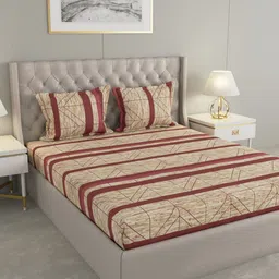 Raymond Home Beige & Brown Striped Cotton 104 TC Queen Bedsheet With 2 Pillow Covers-picture-15
