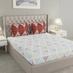 Raymond Home White & Brown Geometric Cotton 144 TC Queen Bedsheet With 2 Pillow Covers-9