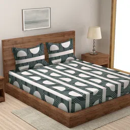 MODEFE Beige & White Printed 144 TC Queen Bedsheet with 2 Pillow Covers-image-17