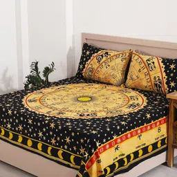 HANDICRAFT PALACE Black & Yellow Printed 144 TC Cotton Queen Bedsheet & 2 Pillow Covers-image-23