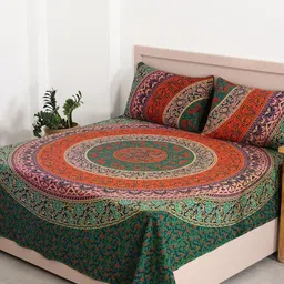 HANDICRAFT PALACE Green Ethnic Motifs 144 TC Cotton Queen Bedsheet & 2 Pillow Covers-image-24
