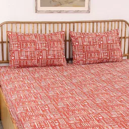 House This Gamathi Rust & White Cotton 144 TC Fitted Queen Bedsheet With 2 Pillow Covers-image-28
