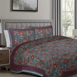 Texstylers Red & Grey Printed Cotton 250 TC King Bedsheet with 2 Pillow Covers-17