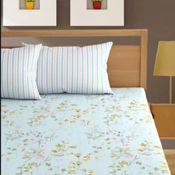 Bajo's Blue & Olive Green Floral 350 TC Cotton King Bedsheet with 2 Pillow Covers-image-50