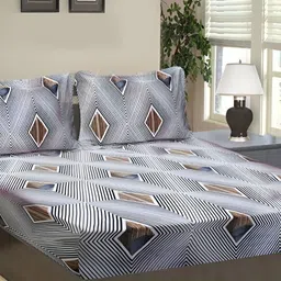 Innovative Edge White & Grey 160 TC Cotton Fitted King Bedsheet With 2 Pillow Covers-image-34