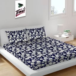 Temoli Blue & White Floral 260 TC Woollen King Bedsheet with 2 Pillow Covers-image-94