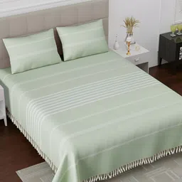 Homez Sparrow All Seasons Green Striped Cotton 160 TC King Bedsheet with 2 Pillow Covers-image-42