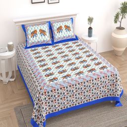 UNIQCHOICE White & Blue Ethnic Motif Pure Cotton 180 TC King Bedsheet with 2 Pillow Covers-image-122