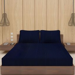 Bevi Navy Blue Striped 180 TC King Bedsheet with 2 Pillow Covers-image-101