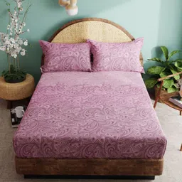 BIANCA Purple & Beige Cotton Floral 180 TC King Bedsheet with 2 Pillow Covers-picture-21